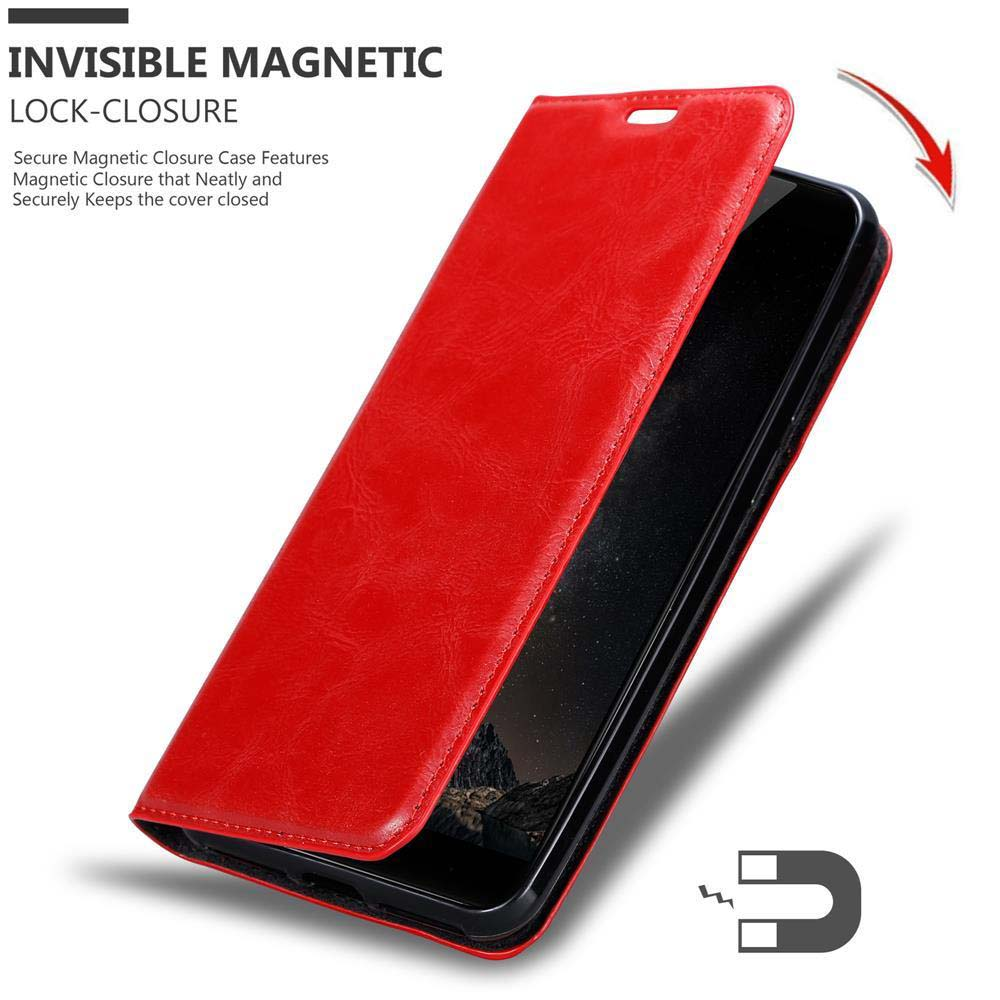 Custodia per telefono rossa con chiusura magnetica, aperta. Telefono all'interno della custodia nera. Sfondo bianco.