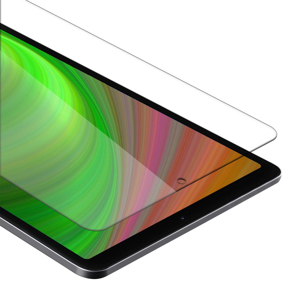 Tablet con protezione schermo. Il tablet è su una superficie bianca.