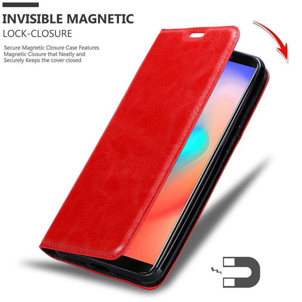 Rote Handy-Geldbörsenhülle mit Telefon. Die Hülle ist geöffnet und zeigt einen Magnetverschluss.