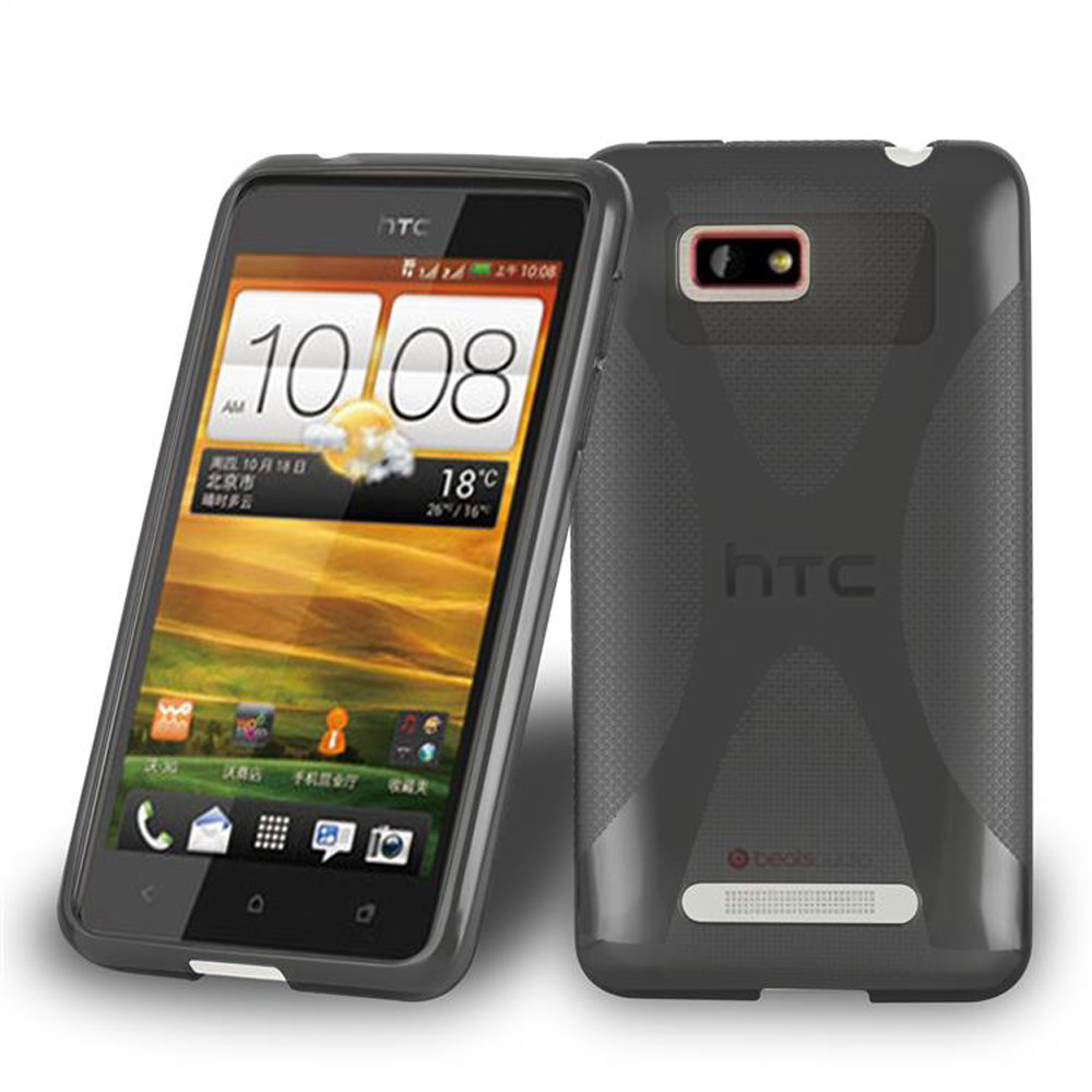 Telefono HTC nero, con una custodia grigio scuro, che mostra lo schermo.