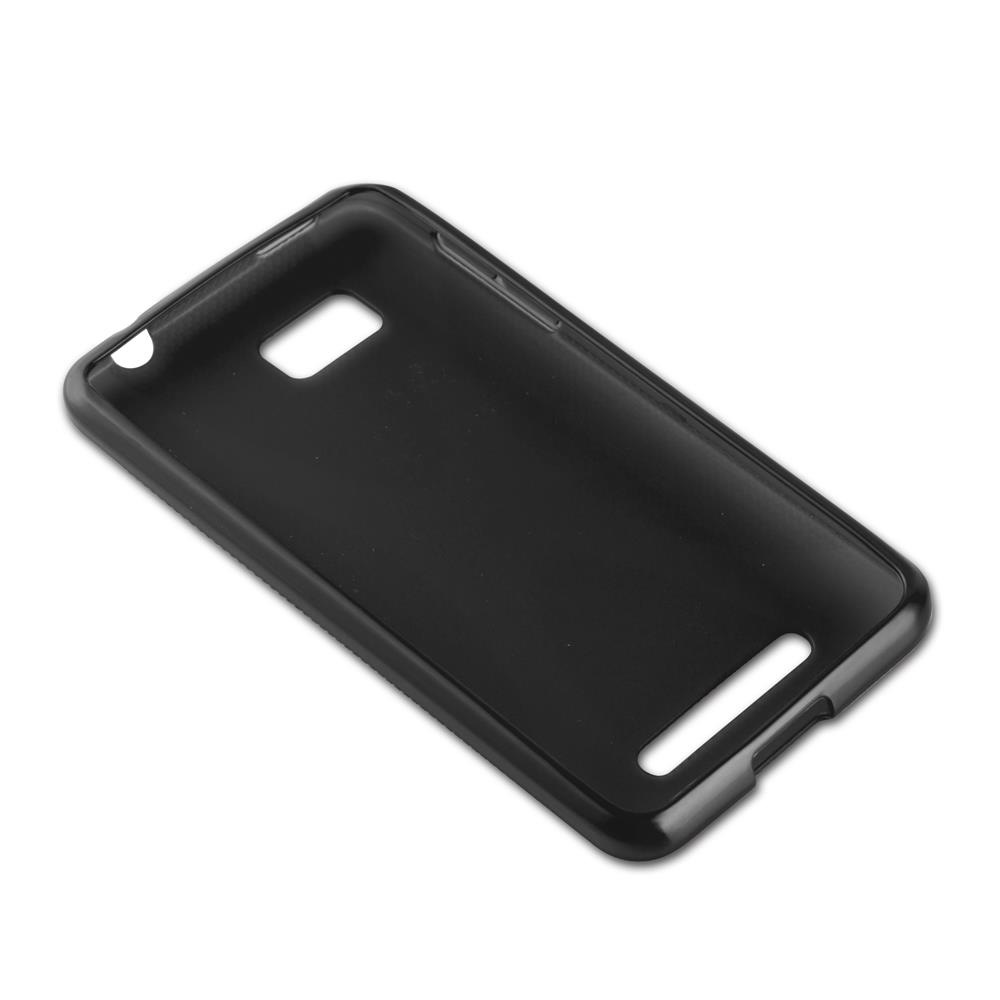 Una custodia nera per smartphone, vuota, con aperture per la fotocamera e altre funzioni.