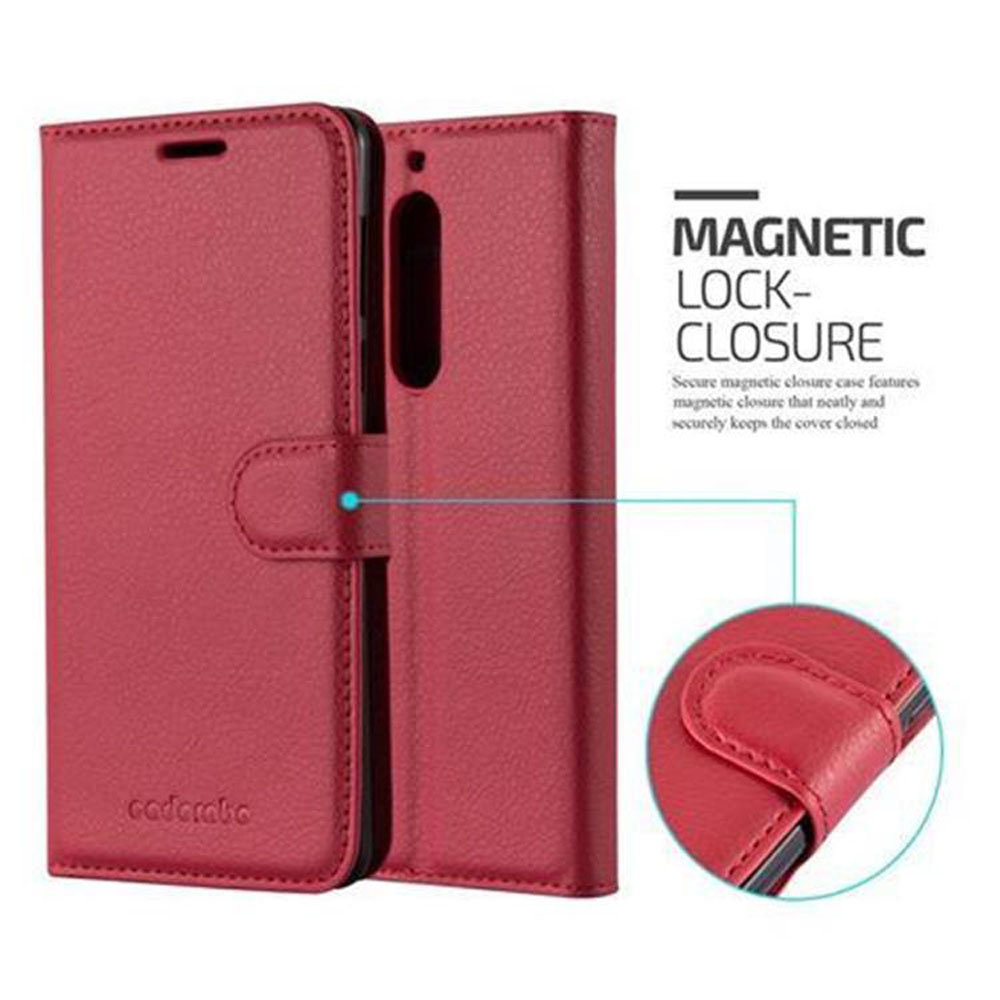Rotes Leder-Handycase. Magnetischer Verschluss. Ein kleineres Bild zeigt den Verschluss.