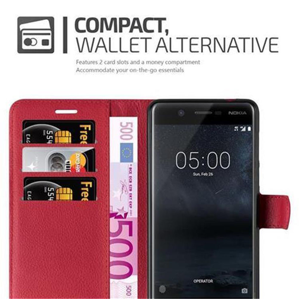 Eine rote Handyhülle mit Karten und Geld darin. Das Telefon zeigt die Uhrzeit.