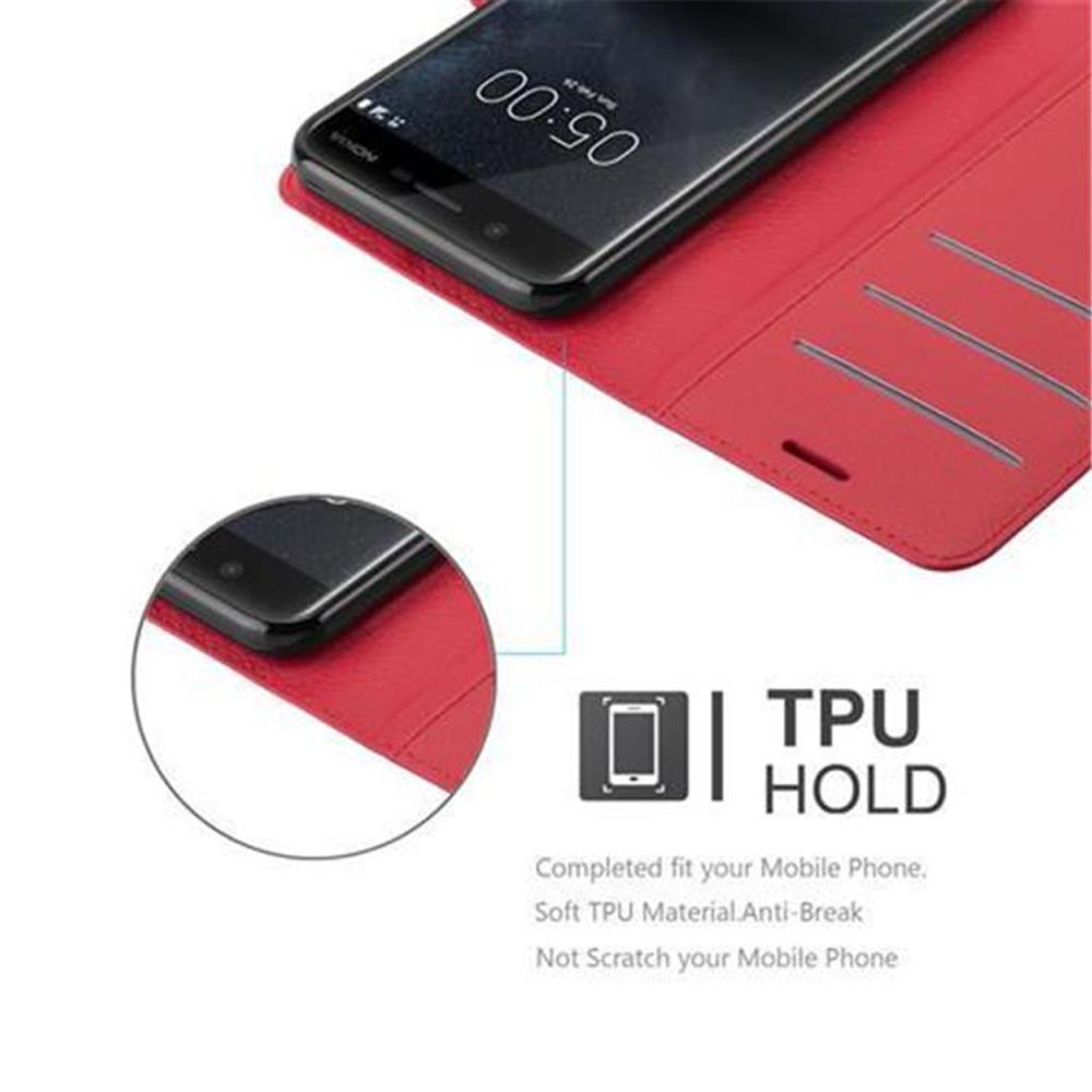 Rote Handyhülle geöffnet. Telefon innen. Text: TPU-Halterung. Passend für Ihr Telefon.