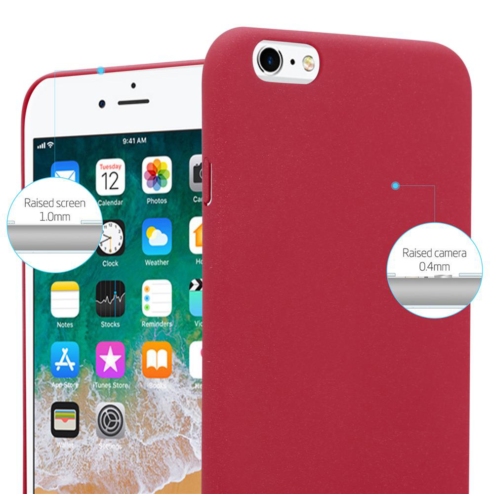 Ein rotes Telefon und Gehäuse, mit Kreisen, die den erhöhten Bildschirm und die Kamera hervorheben.