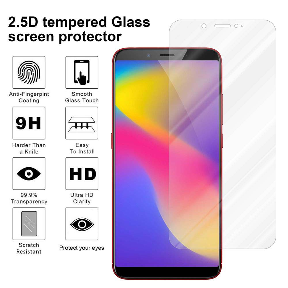 Telefono con protezione schermo e icone. Testo: Protezione schermo in vetro temperato 2.5D. Rivestimento anti impronte digitali.