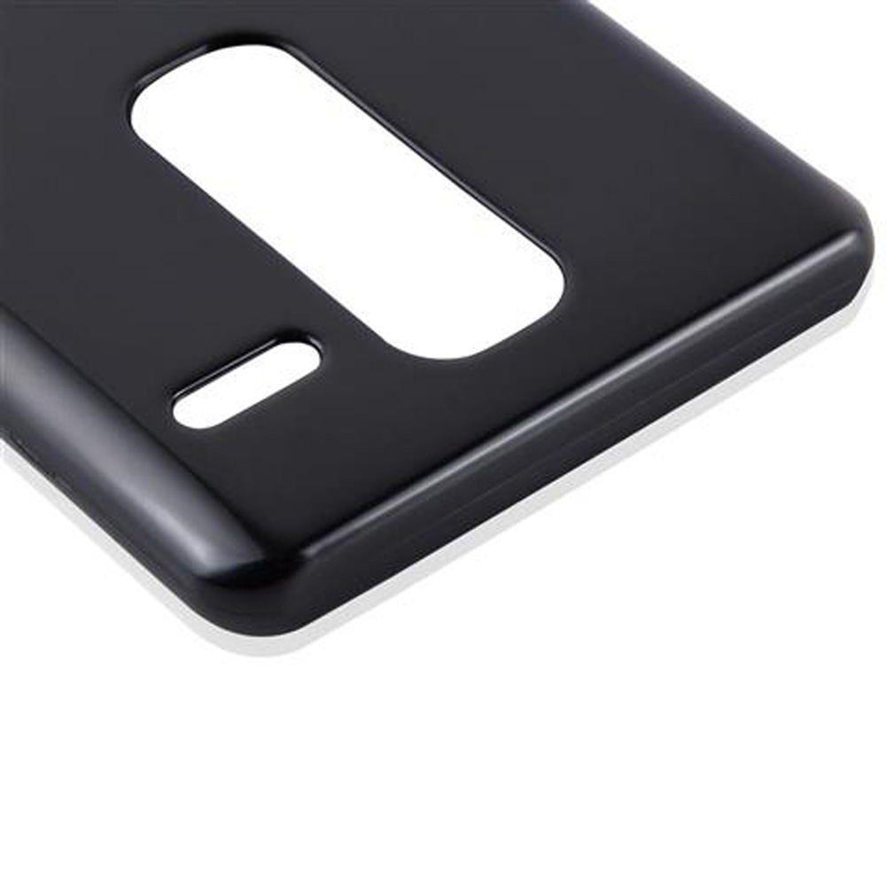 Viene mostrata una custodia nera per telefono con ritagli per la fotocamera e altre funzioni.