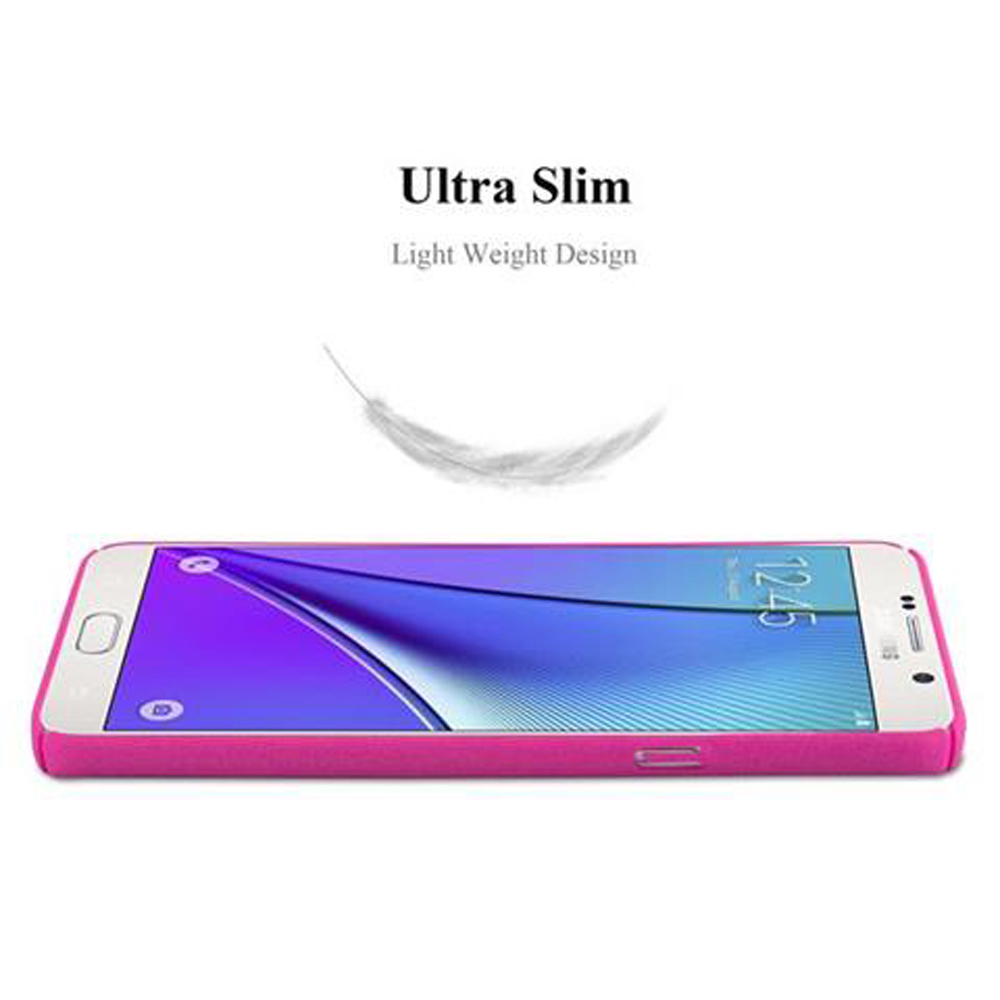 Rosa Handyhülle, Seitenansicht. Text: Ultra Slim. Leichtes Design. Der Bildschirm zeigt die Uhrzeit an.
