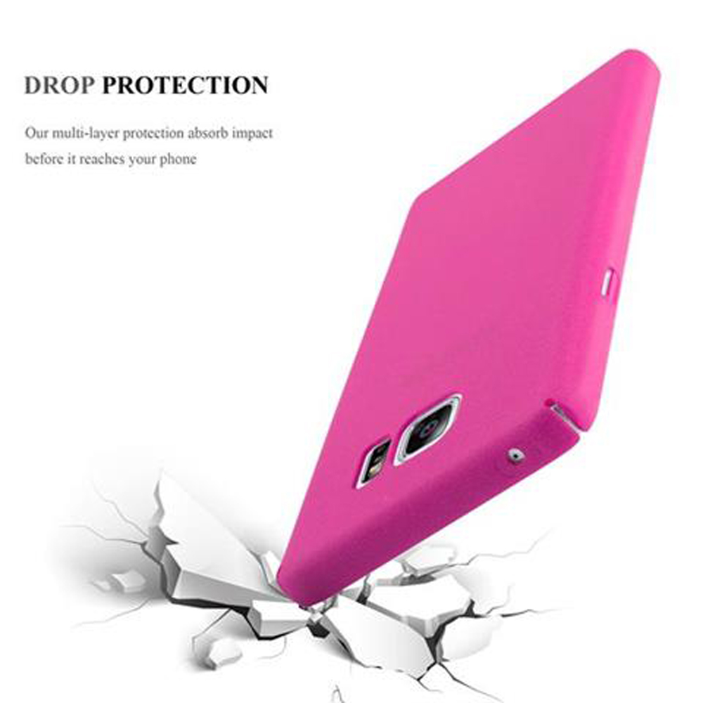 Eine pinke Handyhülle ist auf einer weißen Oberfläche angewinkelt. Text: 'DROP PROTECTION'.