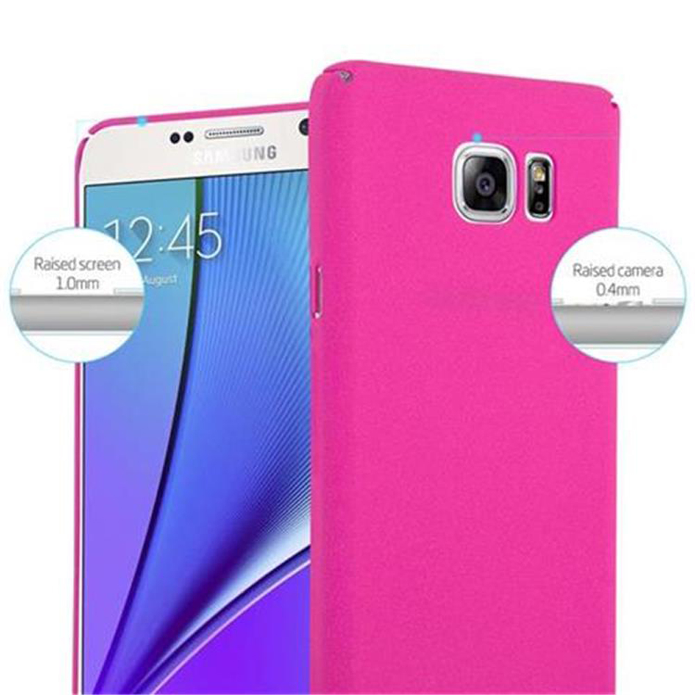 Ein pinkfarbenes Telefon und Gehäuse, mit Kreisen, die den erhöhten Bildschirm und die Kamera hervorheben.