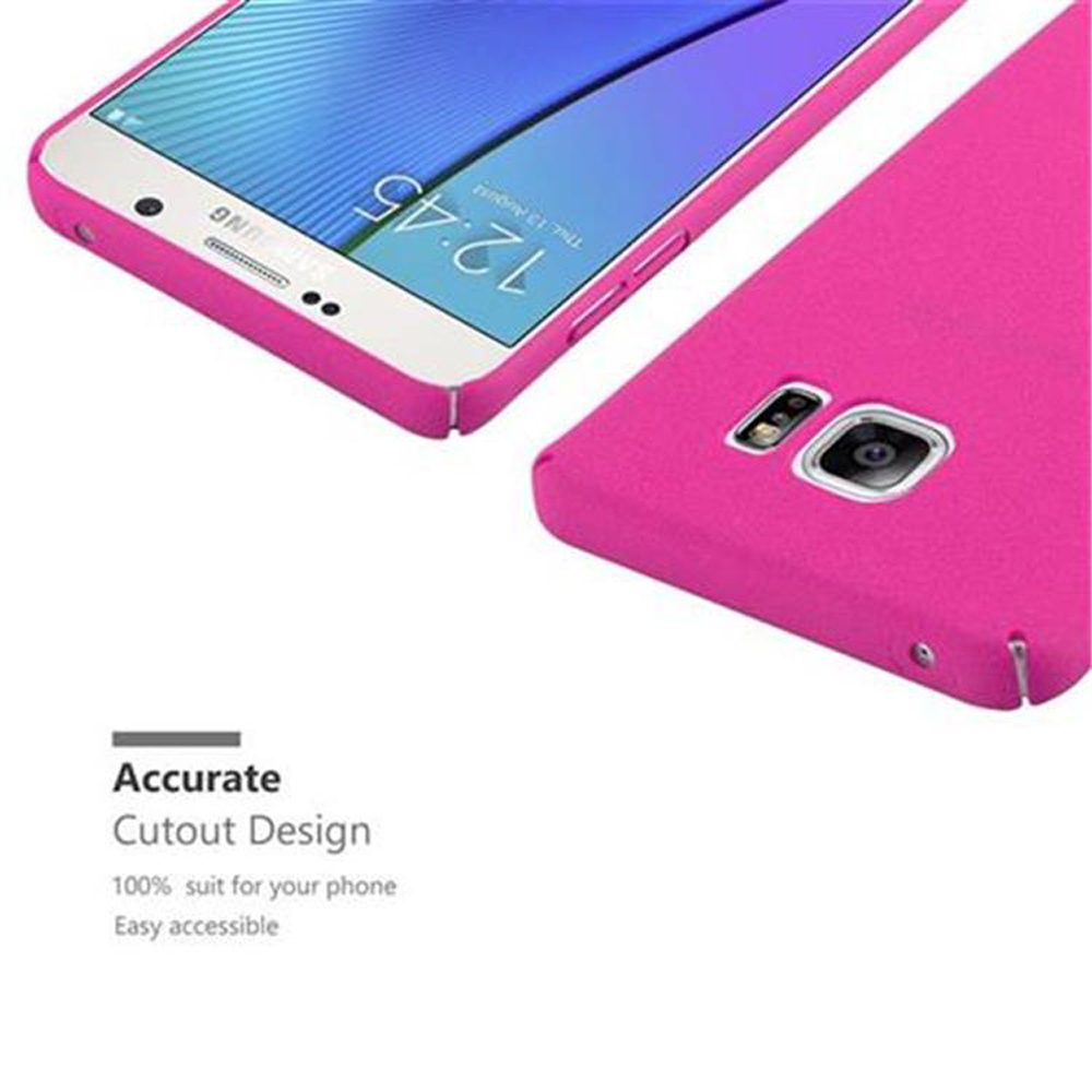 Zwei pinke Handyhüllen, eine mit Telefon. Text: „Genaues Ausschnittdesign“.
