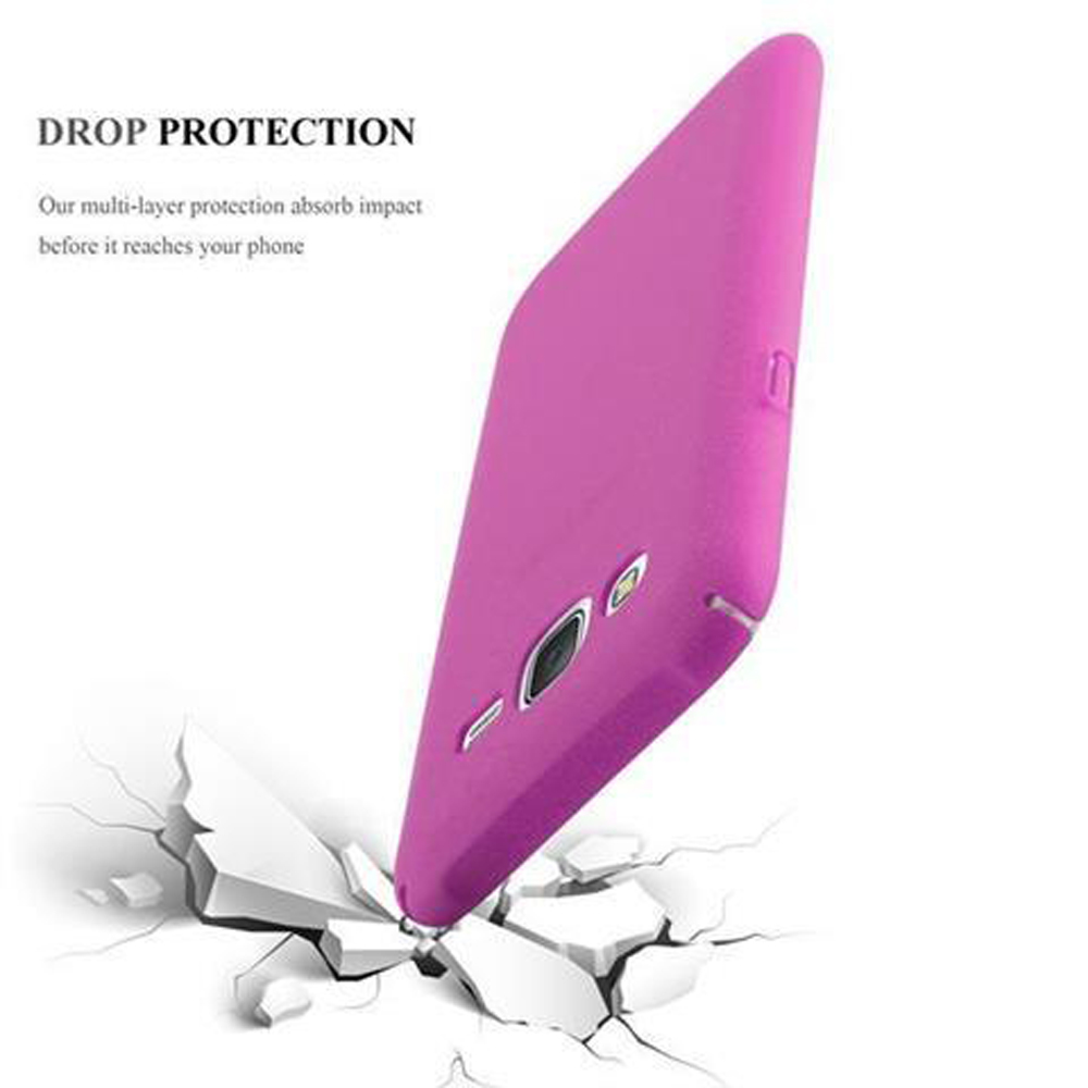 Custodia rosa per telefono che rompe una superficie bianca crepata.