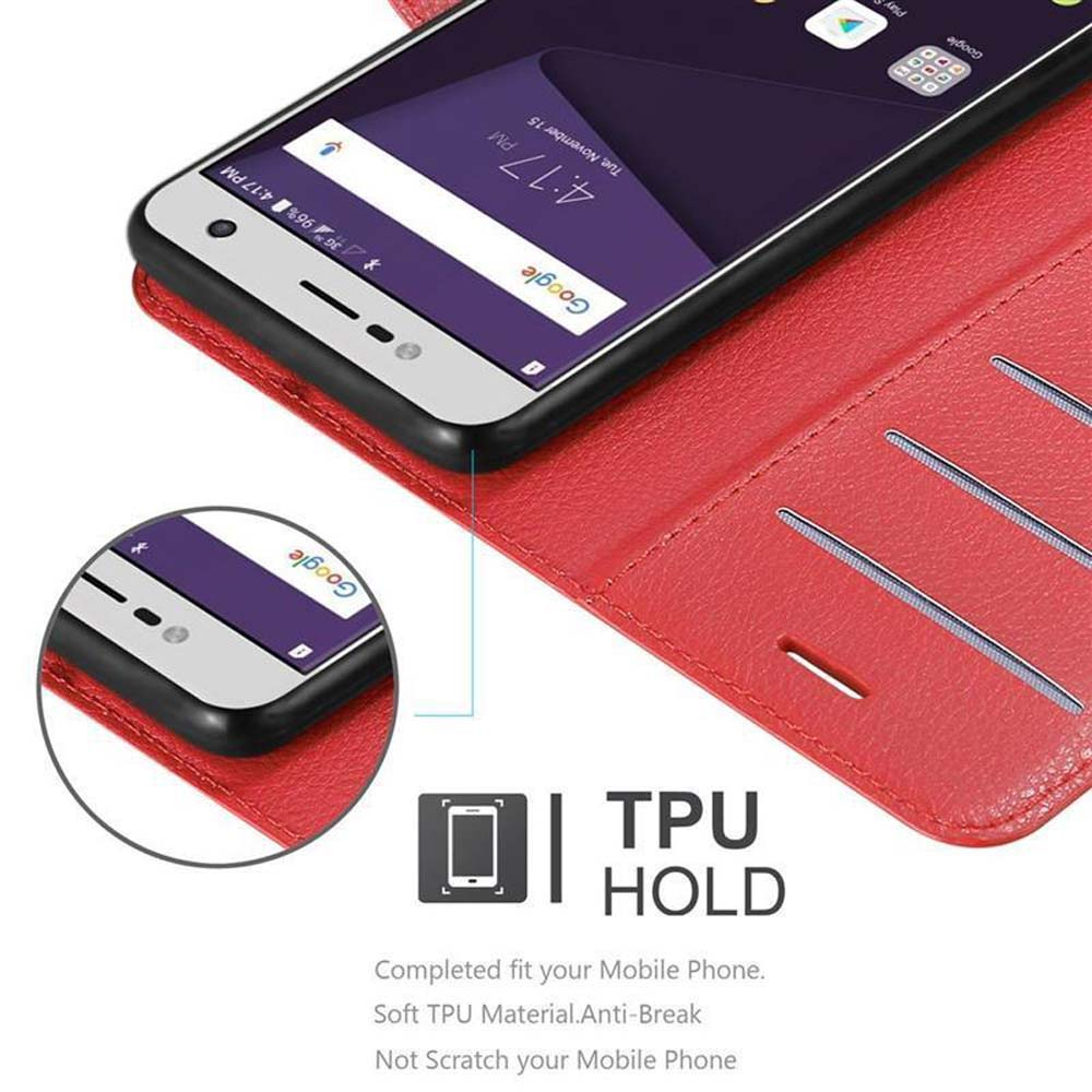 Custodia per telefono rossa aperta che mostra il telefono con l'app Google e testo sulla presa TPU e l'adattamento del telefono.