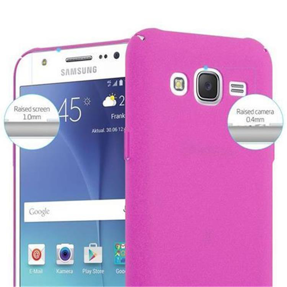 Una custodia rosa per telefono con un telefono che mostra il suo schermo. La custodia è intorno al telefono e alla fotocamera.