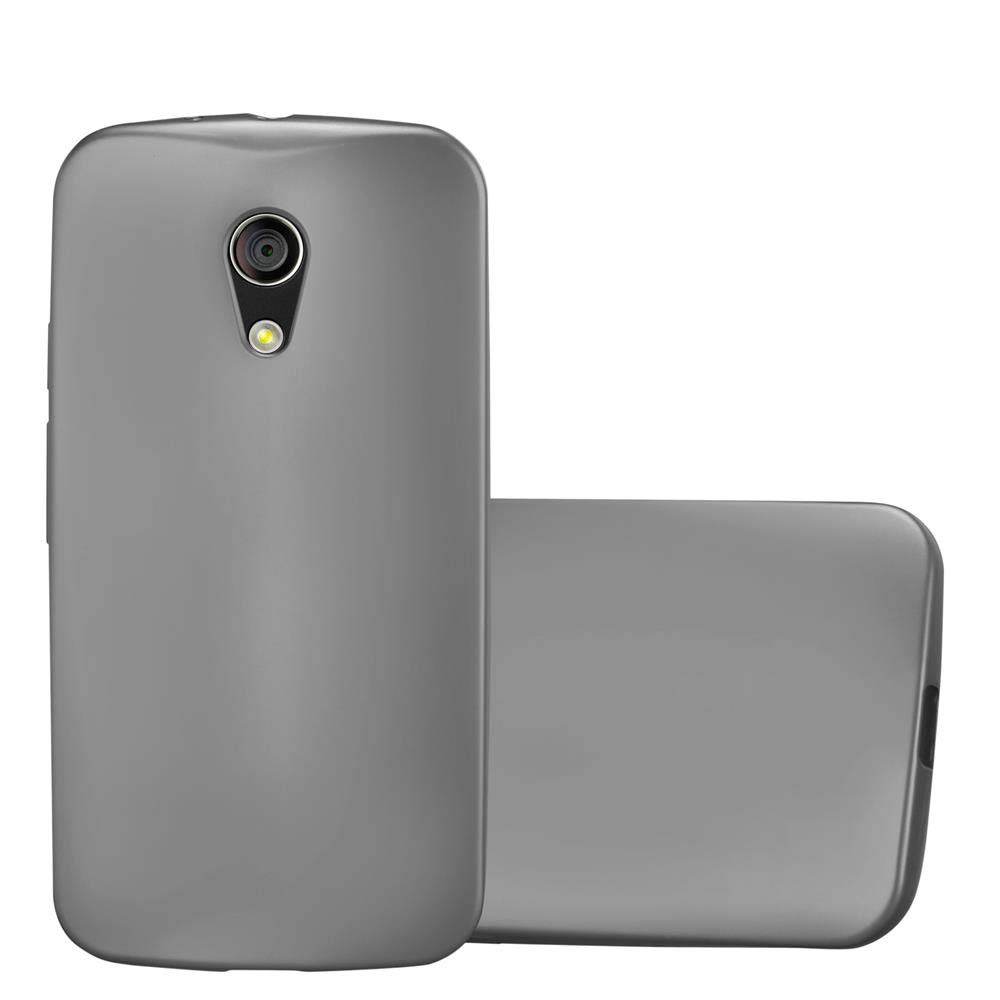 Funda de teléfono gris de pie. Otra funda está tumbada, con lente de cámara visible.