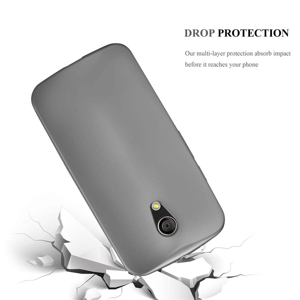 Una funda gris para teléfono cayendo sobre un suelo agrietado. Texto: PROTECCIÓN CONTRA CAÍDAS.