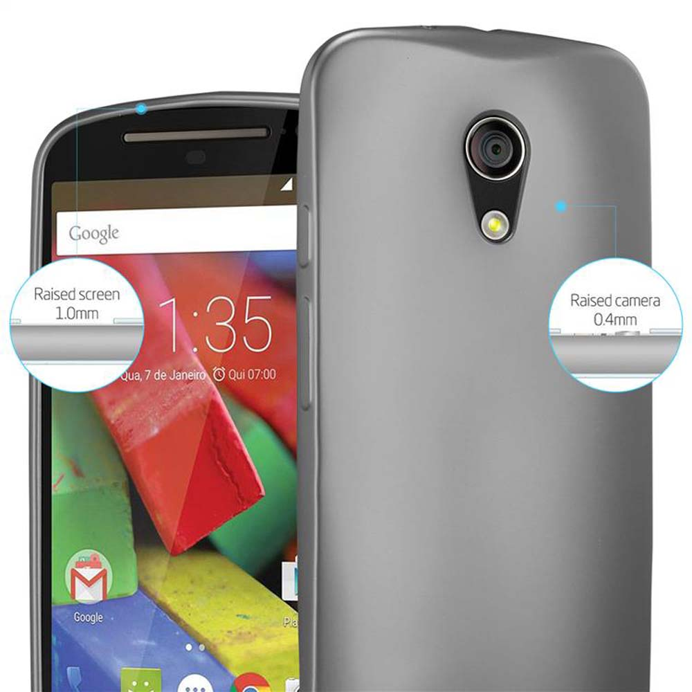 Teléfono con funda. El teléfono es plateado. La funda es gris. La pantalla está encendida.