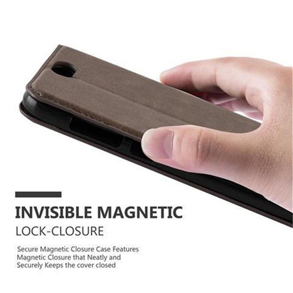 Braune Handyhülle, Hand hält sie. Text: 'Invisible Magnetic Lock-Closure'.