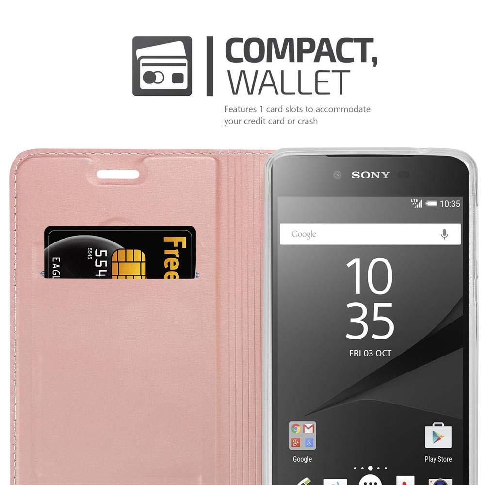 Una custodia per telefono rosa con carta di credito e un telefono Sony che mostra l'ora.