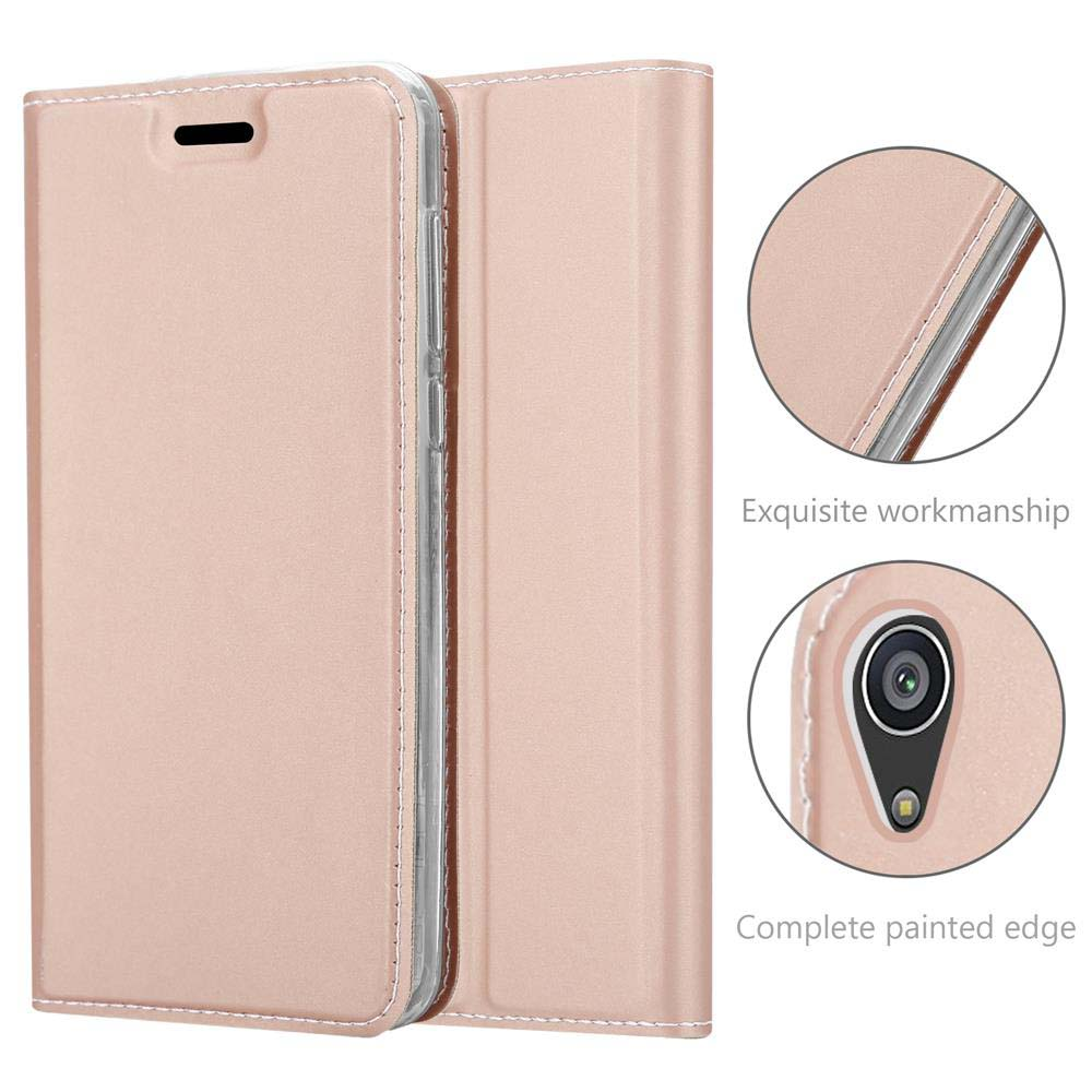 Custodia per telefono rosa aperta, telefono all'interno. Testo: Esecuzione squisita, Bordo completamente verniciato.