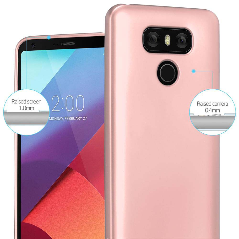 Custodia per telefono rosa su sfondo bianco. Le etichette mostrano bordi rialzati dello schermo e della fotocamera.
