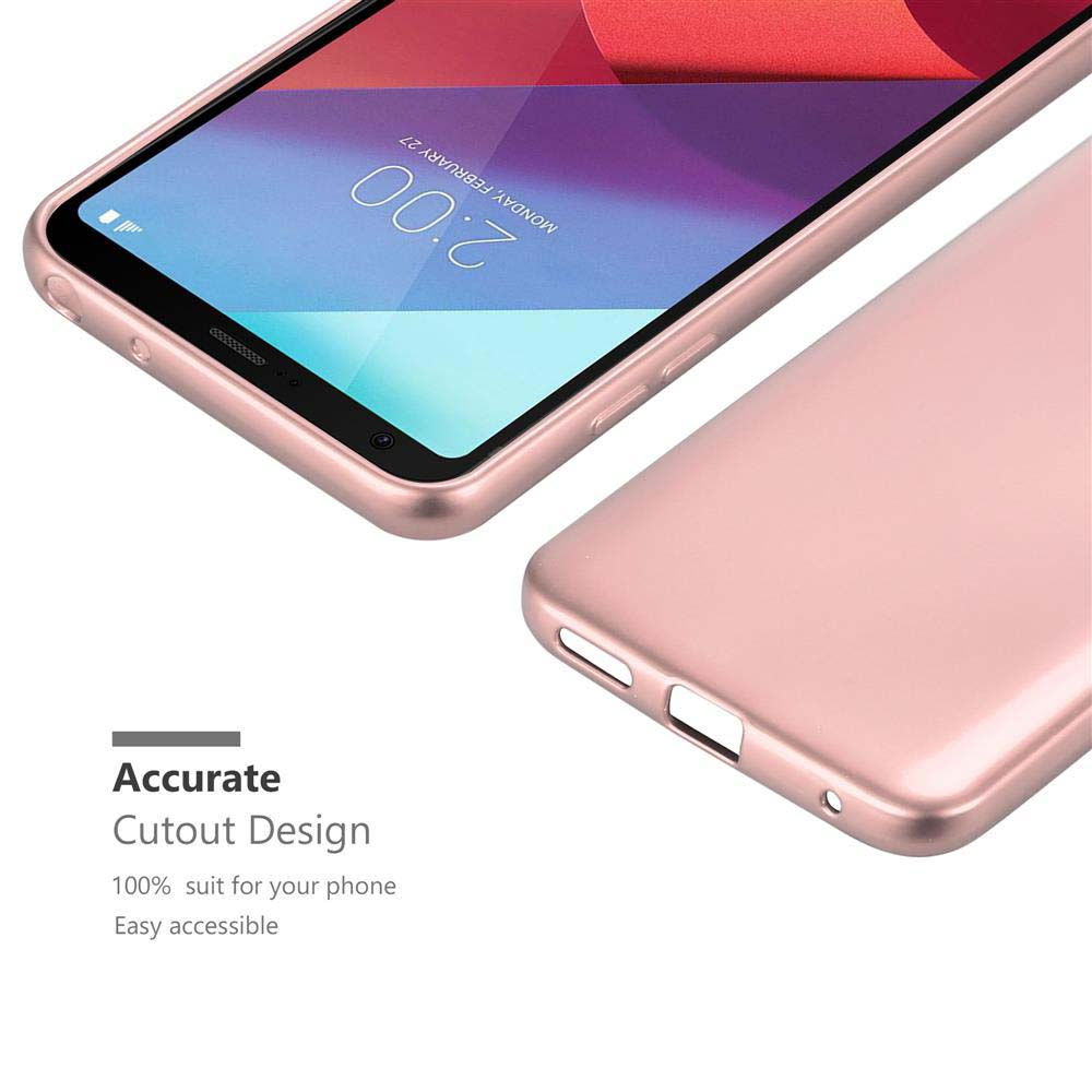 Due telefoni, uno oro rosa, l'altro è una custodia. Testo sui ritagli. Entrambi hanno schermi aperti.
