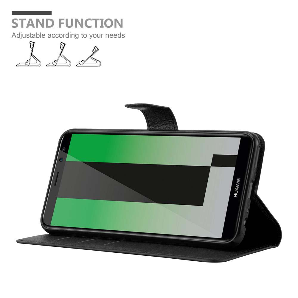Ein Telefon in einer schwarzen Hülle, hochgestellt. Diagramme verschiedener Standpositionen werden gezeigt.