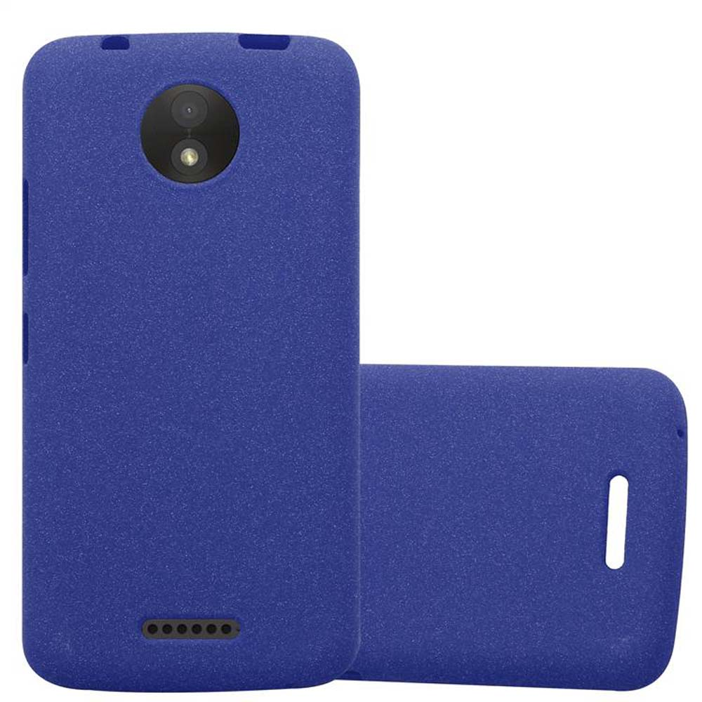 Due custodie blu per telefono. Una aperta e l'altra con il retro esposto.