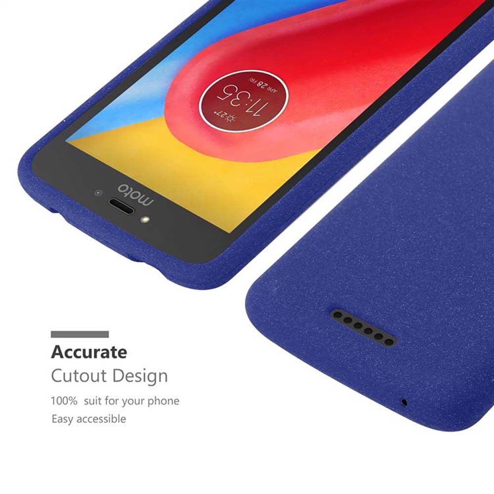 Custodia blu per telefono con un telefono all'interno. Il telefono mostra l'ora e il logo moto.