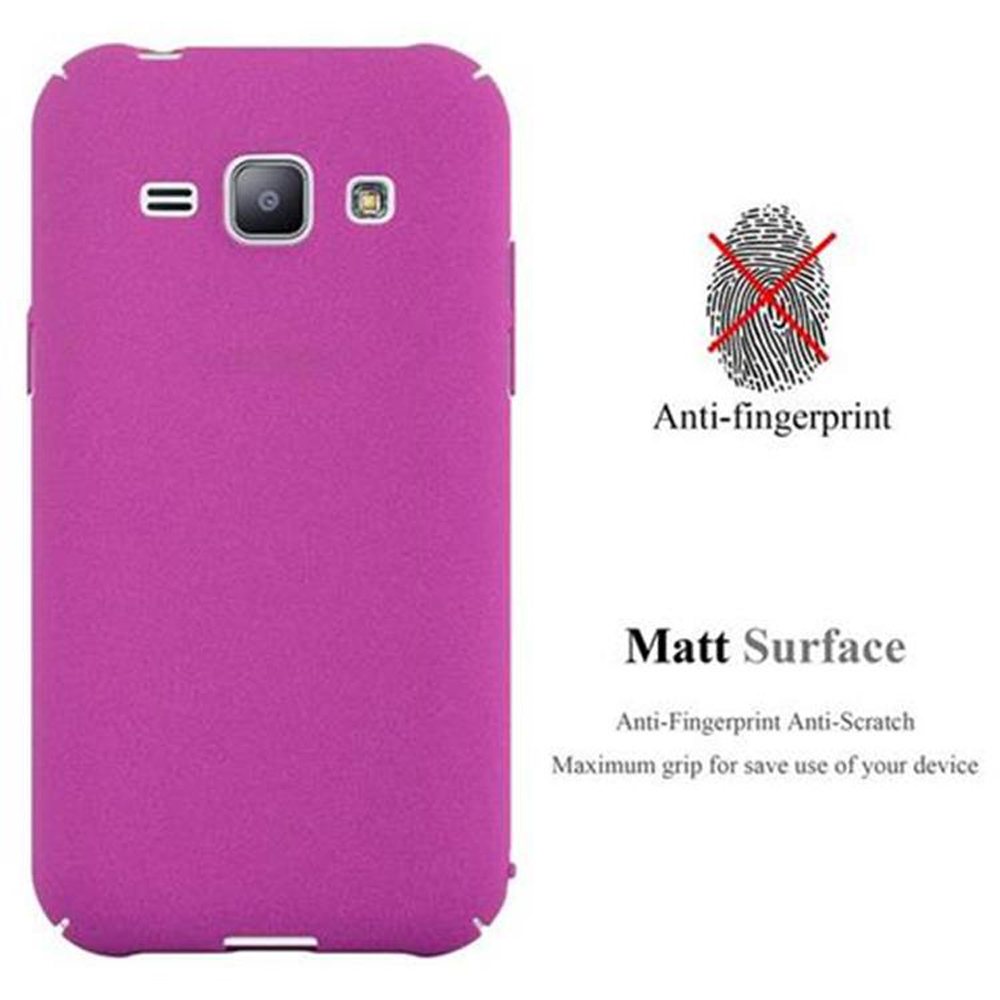 Una custodia per telefono magenta con testo anti-impronta e superficie opaca.