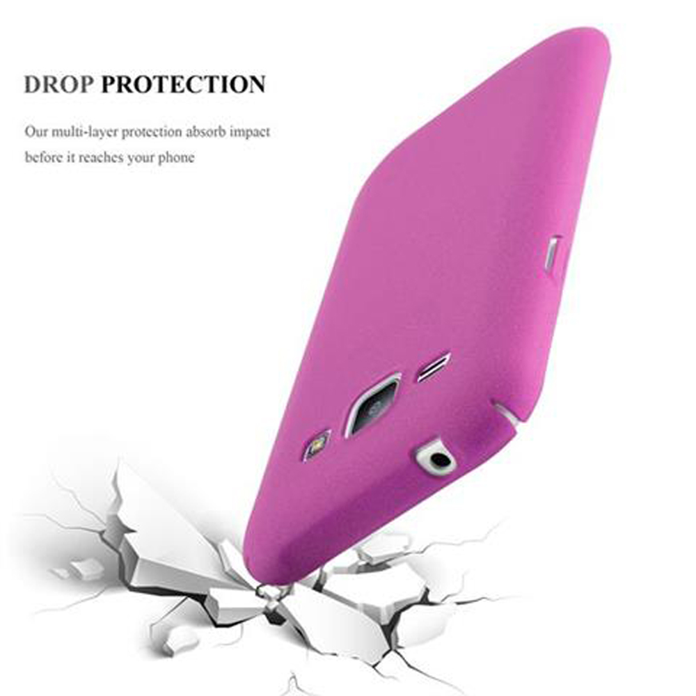 Una custodia per telefono viola che cade su cemento rotto. Testo: 'Drop Protection'. Sfondo bianco.