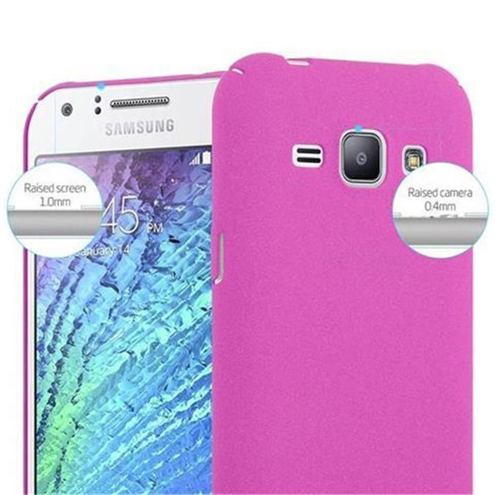 Custodia rosa per telefono con telefono all'interno. Schermo e fotocamera rialzati, testo SAMSUNG.