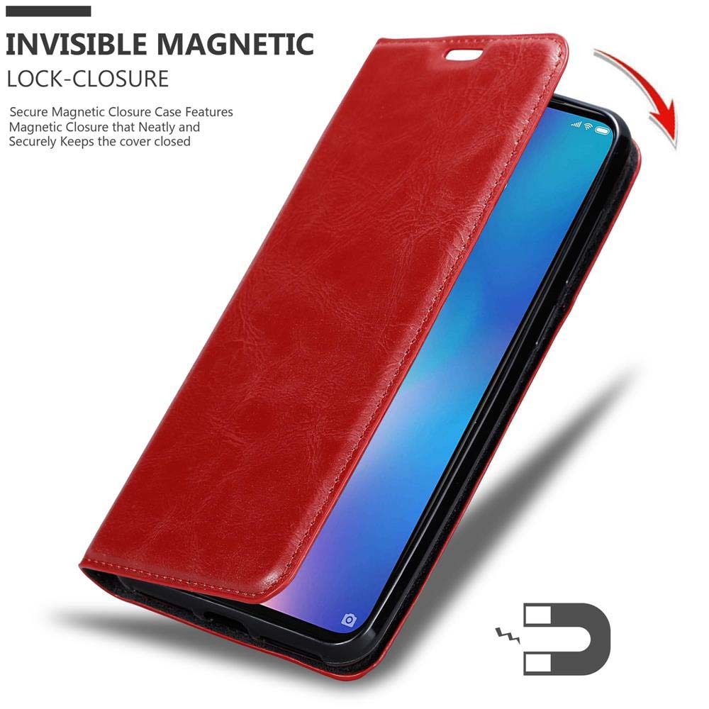 Custodia per telefono rossa, aperta, con un telefono all'interno. Chiusura magnetica.