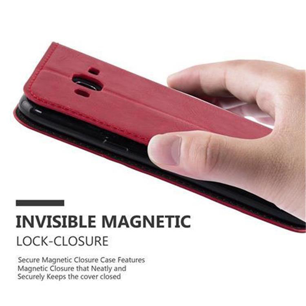 Mano sosteniendo una funda roja para teléfono. Texto: INVISIBLE MAGNETIC LOCK-CLOSURE.