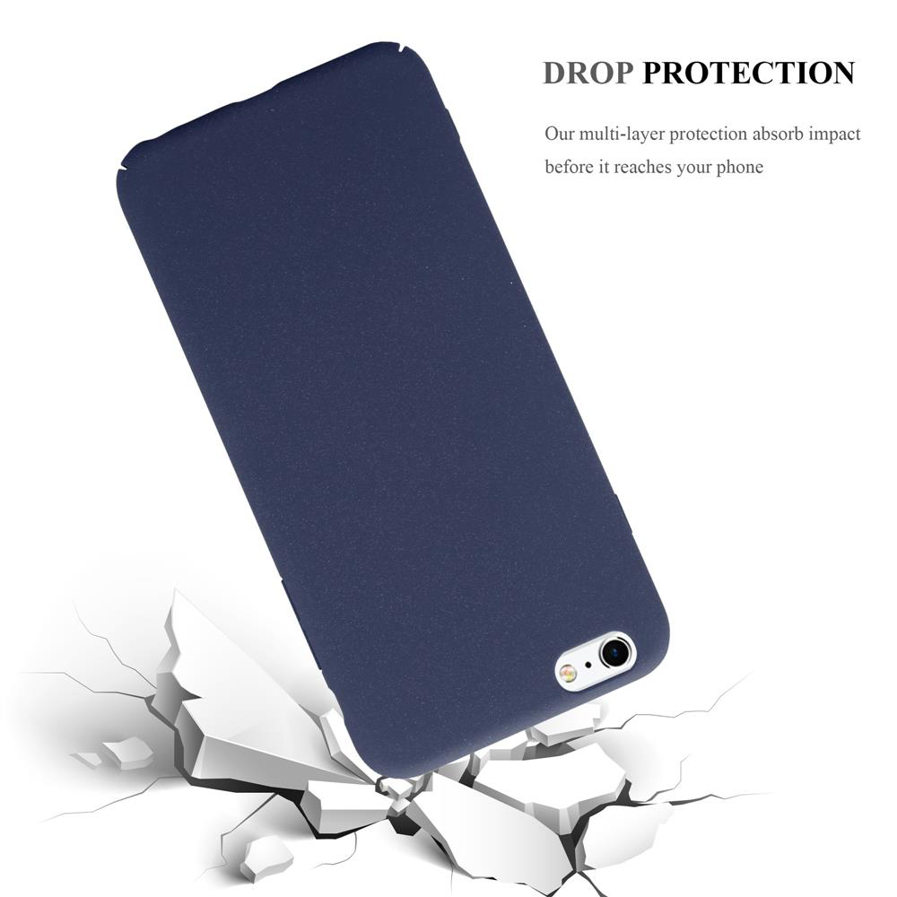 Blaue Handyhülle wird getroffen, zerbricht weißen Boden. Text: 'Drop Protection'.