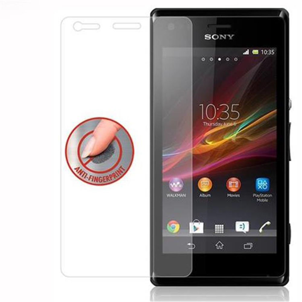 Un telefono Sony con una protezione per lo schermo. La protezione è trasparente. Il telefono mostra icone.