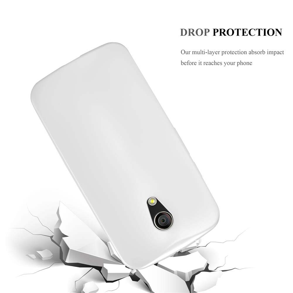 Parte trasera de teléfono blanco estrellándose contra una superficie agrietada. Texto dice 'protección contra caídas'.