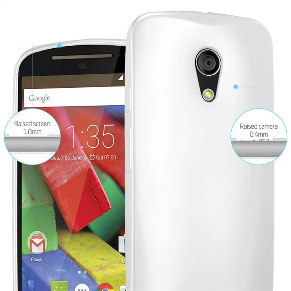 Funda de teléfono blanca con teléfono que muestra la hora. Detalles de pantalla y cámara elevadas.