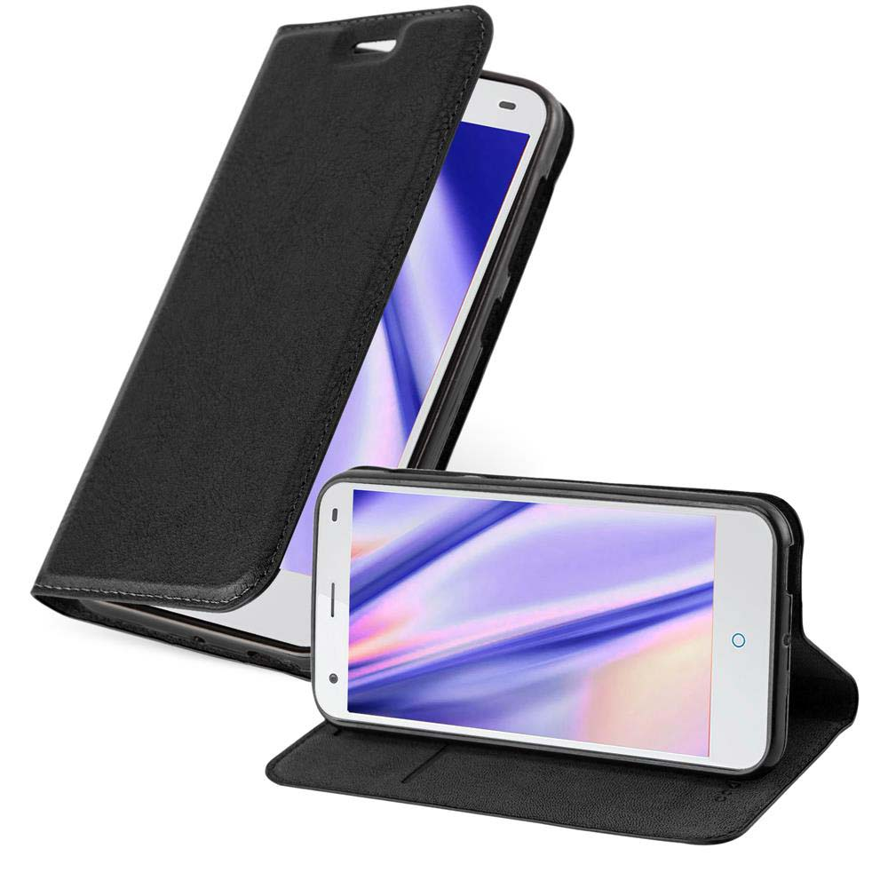 Custodia nera per telefono con telefono all'interno, aperta, il telefono mostra schermo colorato, sfondo bianco.