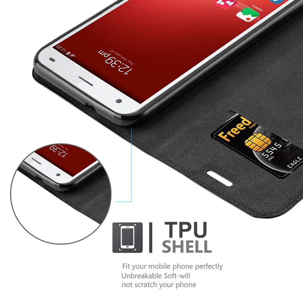 Telefono in una custodia. Lo schermo mostra l'ora e una carta di credito. Una cover in TPU è nell'immagine.