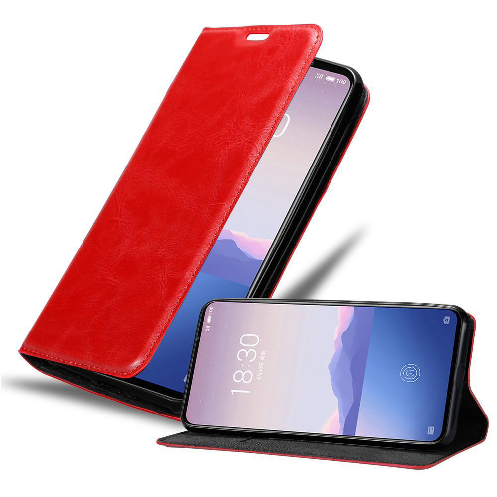 Funda de teléfono roja con tapa abierta, mostrando una pantalla. Otro teléfono está abierto abajo. Fondo blanco.
