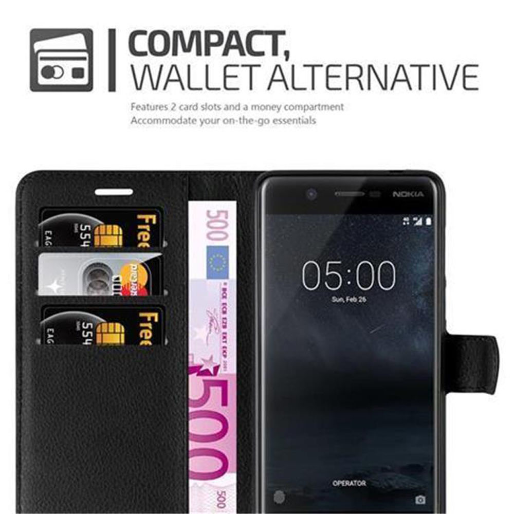 Schwarze Handyhülle offen mit Kartenfächern, Bargeld und einem Telefon mit angezeigter Uhrzeit.