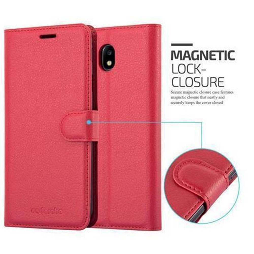 Custodia per telefono rossa, aperta, con telefono all'interno. Testo: CHIUSURA MAGNETICA. Rosso con bordi neri. Chiusura magnetica.