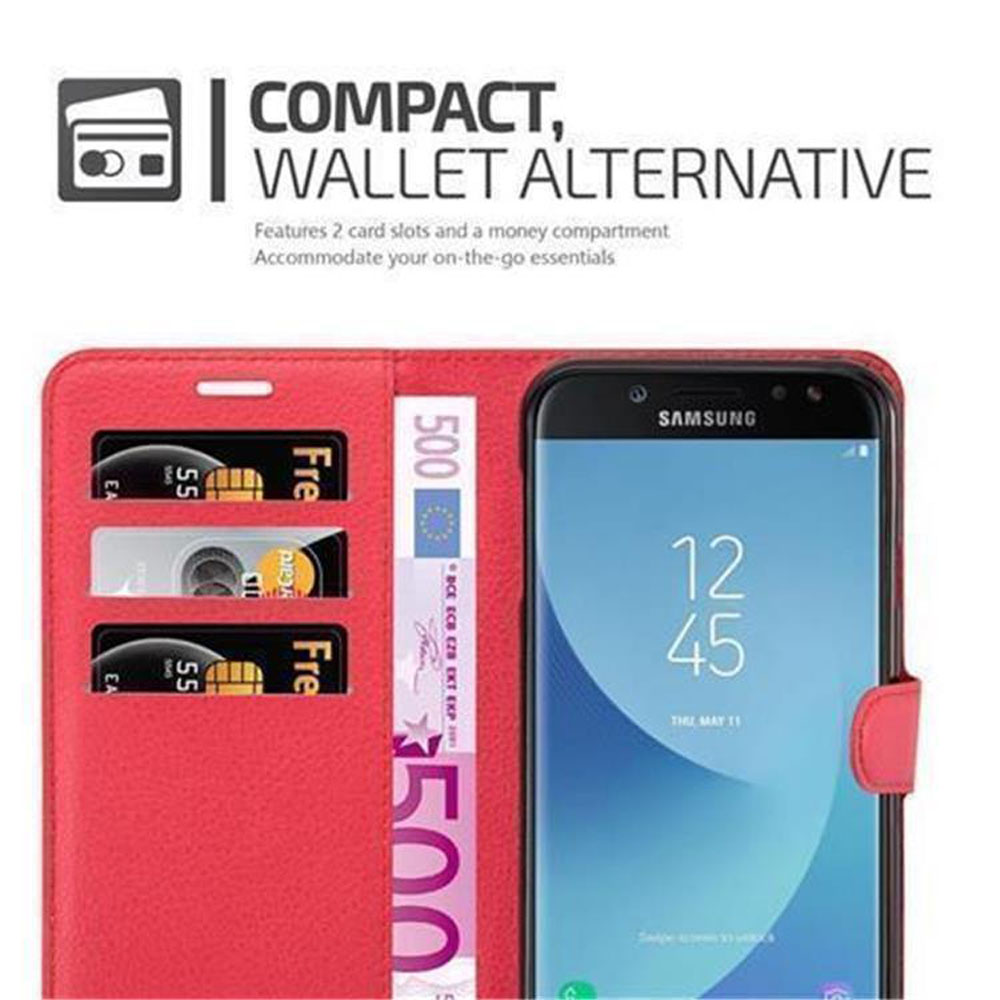 Custodia rossa per telefono con carte e denaro. Telefono a destra con l'ora visualizzata.