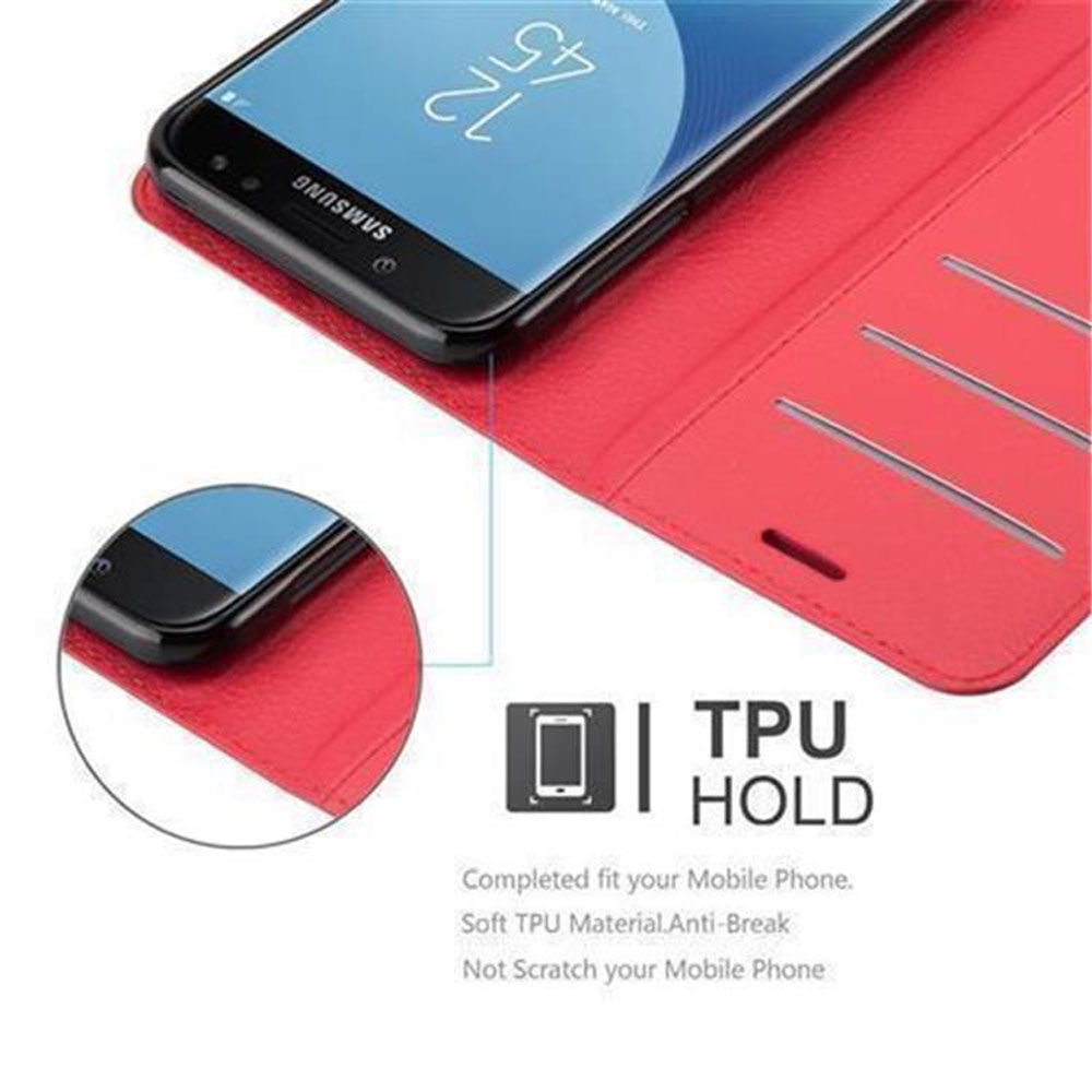 Telefono nero in custodia rossa. Copertura rossa con fessure. Telefono alle 12:45.