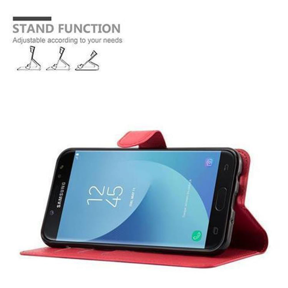 Un telefono Samsung in una custodia rossa, puntellato. Testo della funzione supporto e un'ora visualizzata.