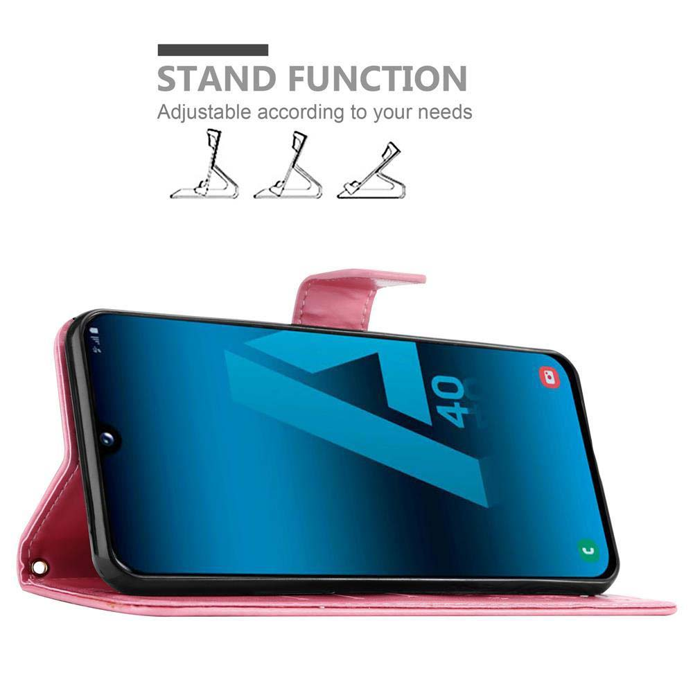 Rosa Handyhülle mit Telefon darin. Der Bildschirm zeigt eine blaue Grafik mit der Zahl 40.