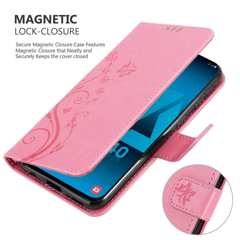 Rosa Handyhülle offen, ein Telefon zeigend. Die Hülle hat einen Magnetverschluss.