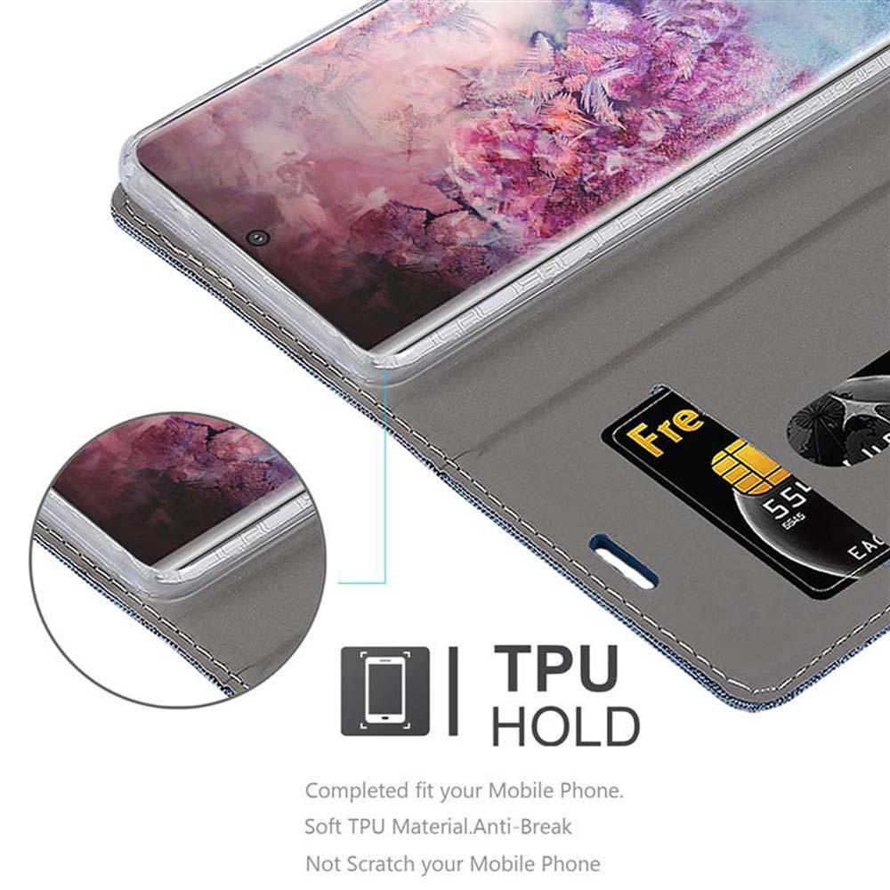 Ein Telefon in einer grau-blauen Brieftaschenhülle mit Kreditkarte und TPU HOLD-Label.