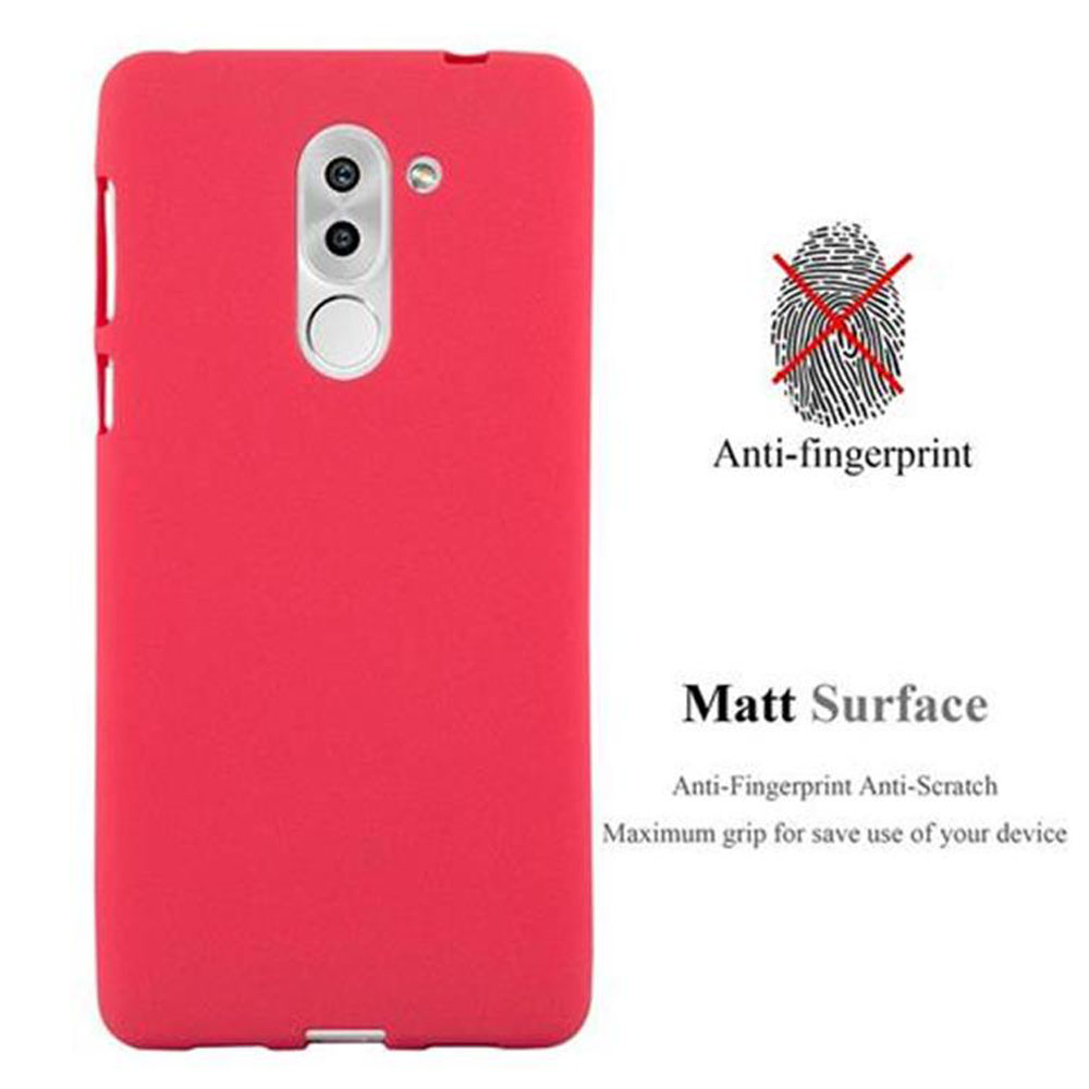 Custodia rossa per telefono. Testo: 'Anti-impronte digitali' e 'Superficie opaca'.